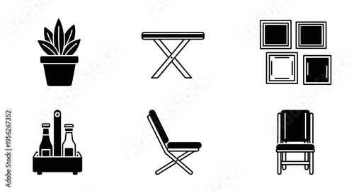 Collection of simple icons representing home decor and furniture items