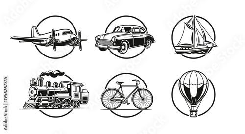 Collection of vintage transportation icons including airplane, car, sailboat, train, bicycle, and hot air balloon
