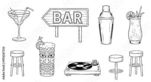 Collection of bar elements including drinks, stools, and a turntable