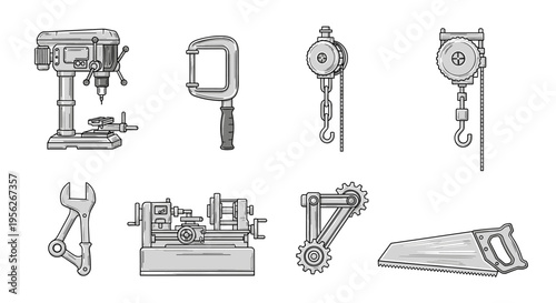 Collection of industrial and workshop tools and machinery in a clean illustration style