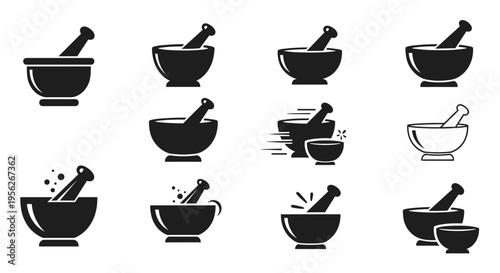Collection of mortar and pestle icons representing grinding and mixing in various styles