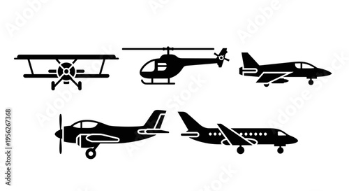 Collection of diverse aircraft silhouettes including biplane, helicopter, jet, and propeller planes