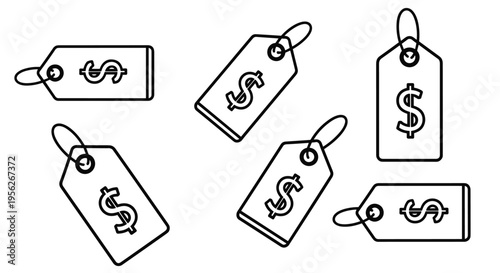 Collection of simple line art price tags with dollar signs scattered across the frame