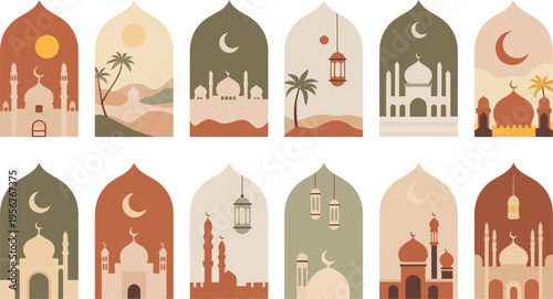 Islamic Arches with Desert Landscapes and Mosques vector