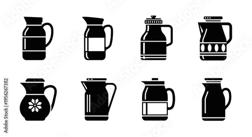 Collection of eight diverse black and white pitcher icons for beverage and liquid serving