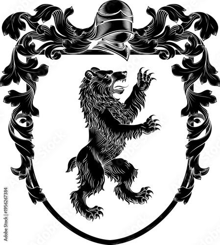 A bear coat of arms or crest family heraldry medieval heraldic animal knight shield. With helmet and acanthus filigree scroll ornament in a vintage woodcut style.