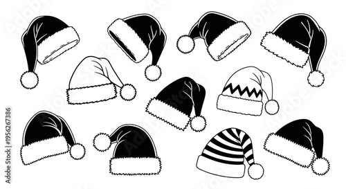 Collection of festive Santa hats with fluffy trim and pom-poms in various designs
