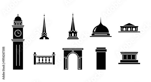 Collection of iconic architectural landmarks and structures in silhouette style