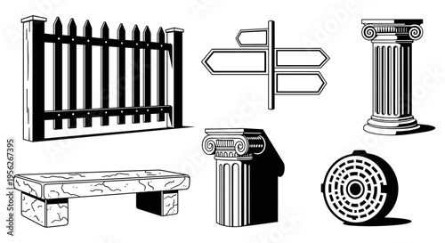 Collection of architectural elements and outdoor features in a graphic illustration style