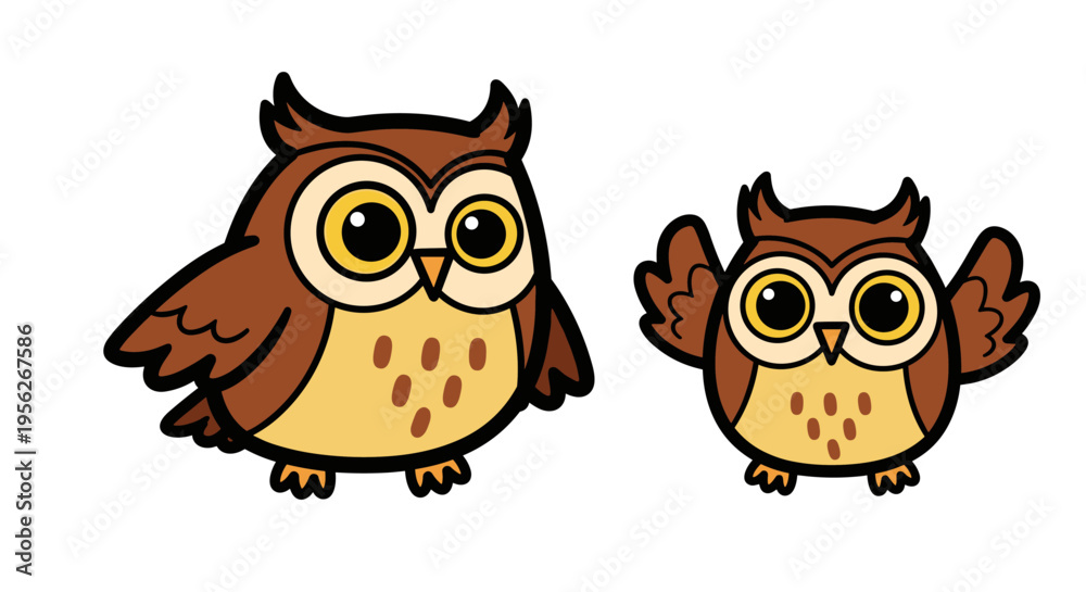 Fototapeta premium Two cute cartoon owls with big eyes and brown feathers standing side by side