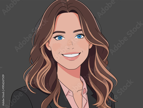 Drawing of a woman with long hair and blue eyes wearing a blazer smiling at the viewer with a neutral background behind her