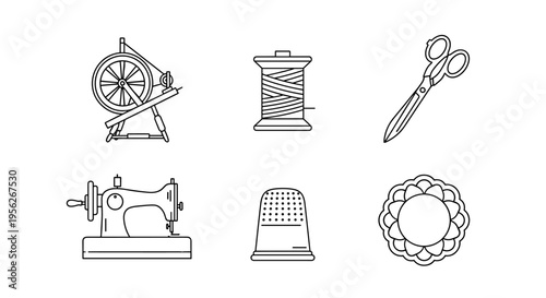 Collection of vintage and modern sewing tools and equipment in outline style