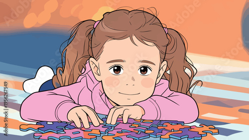 Young girl puts together a jigsaw puzzle on the floor in a bright indoor space during the daytime