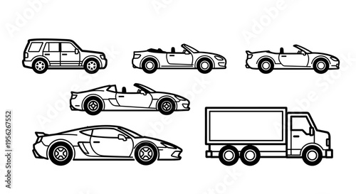 Collection of diverse vehicle outlines including sports cars, SUV, and a truck