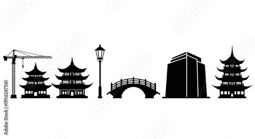 Collection of iconic silhouettes: traditional pagodas, modern building, bridge, crane, and lamppost