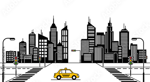 Stylized black and white cityscape with a yellow taxi and traffic lights