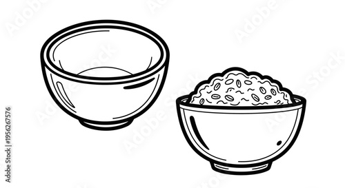 Simple line art illustration of two bowls, one empty and one filled with grains