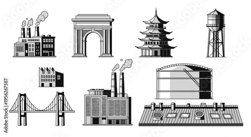 Collection of diverse architectural landmarks and industrial buildings in a graphic style