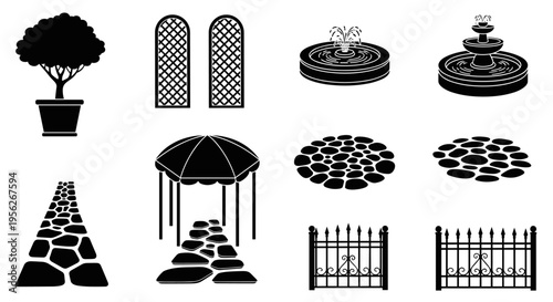 Collection of garden design elements in black and white silhouette style