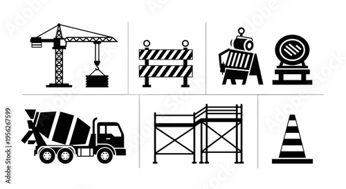 Collection of construction site icons including crane, concrete mixer, and safety equipment