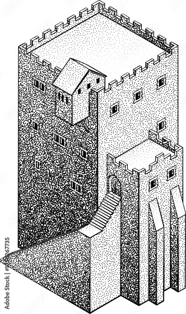Obraz premium A medieval building map icon isometric illustration in a vintage retro engraved woodcut dots etching style