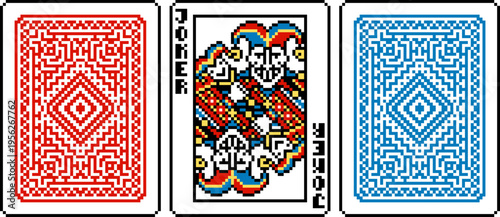 A pixel art style joker playing card and cards reverse back design. An original design. Each card 55 squares wide by 74 tall.