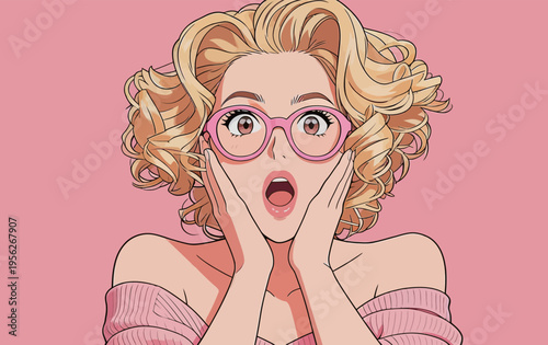 Young woman with curly blonde hair and glasses shows surprise against a pink background while wearing a light sweater