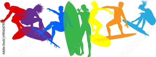 Surfer surfboard boarding male and female surfers surfing colorful silhouette outlines. Men and women surf group design concept.