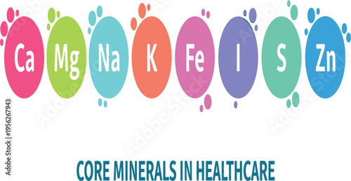 Essential Minerals in Healthcare Illustration with Calcium Magnesium Sodium Potassium Iron Iodine Sulfur and Zinc for Nutrition and Medical Education Vector