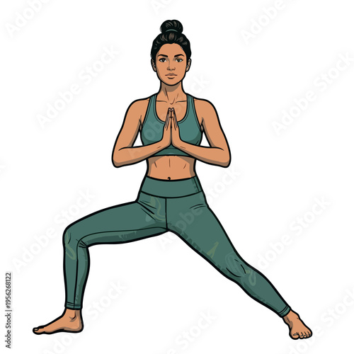 Woman in goddess yoga pose with prayer hands. Vrikshasana comic illustration