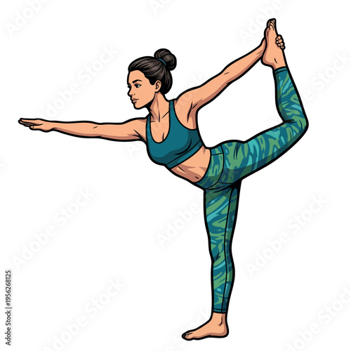Young woman in lord of the dance yoga pose comic illustration