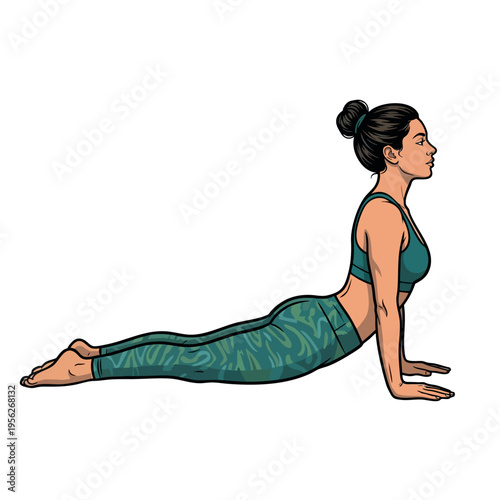 Woman practicing cobra yoga Bhujangasana pose comic book style illustration