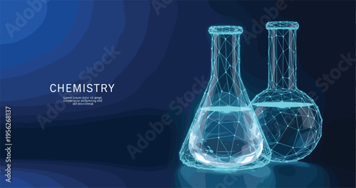 Chemistry Science Background with Laboratory Glass Flasks in Low Poly Wireframe Style for Research Education Technology and Innovation Vector Illustration