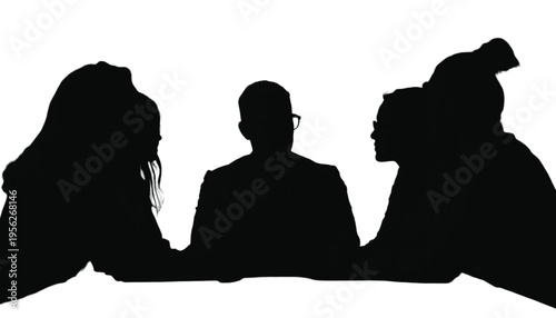 Silhouette of a manager wearing glasses leading a small team discussion across a table in stark contrast.