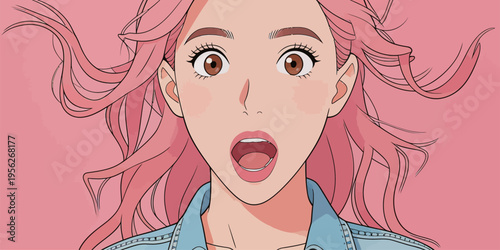 Young woman with pink hair expresses surprise in front of a plain pink background during daytime in a casual outfit