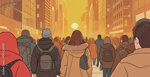 Crowd walks through city streets at sunset with tall buildings and warm colors in the sky