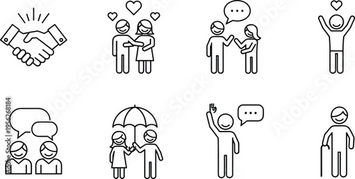 Relationship and communication line icons set, love, handshake, conversation symbols, people interaction concepts, minimal outline vector, social connection, support, teamwork illustration