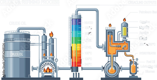 Crude Oil Refining Process Diagram with Fractional Distillation Column and Petroleum Product Outputs Illustration for Industrial Chemistry and Energy Education