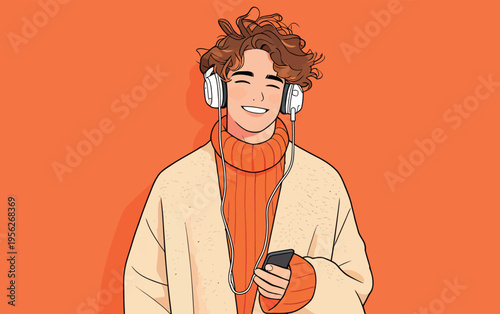 Young person enjoys music while wearing headphones in a bright orange setting during daytime hours