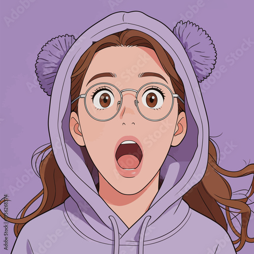 Young girl with long hair and glasses shows surprise while wearing a purple hoodie with pom poms in front of a solid purple background