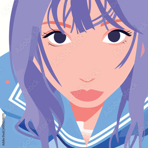 Girl with purple hair wearing a blue outfit looks directly at the viewer with a serious expression in a simple background