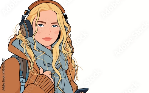 Blonde woman wearing headphones and holding phone in a casual setting outdoors in chilly weather