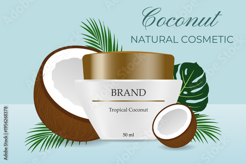 A jar of cosmetic cream with coconut. Advertisement for skin cream with coconut oil. Natural cosmetics. 