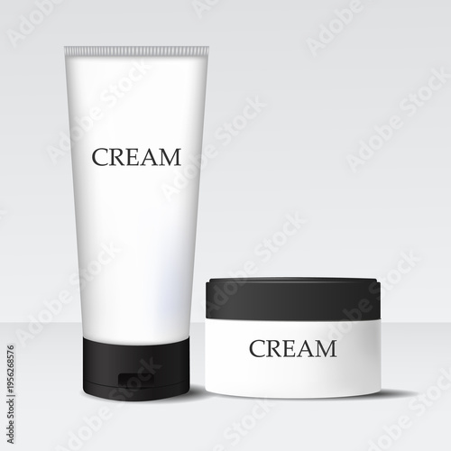 Plastic bottles for packaging cosmetics for skin care. A black and white vector container without a logo. A jar with a lid and a tube, highlighted on a light gray background.