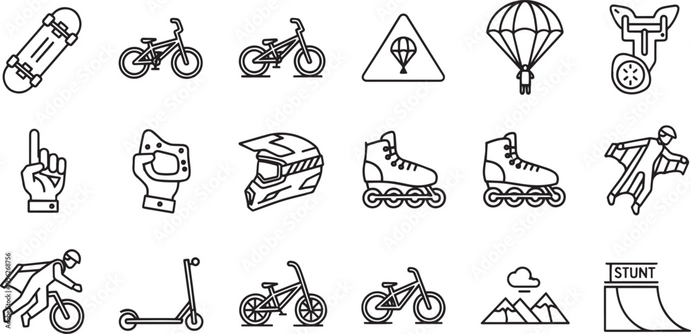 Fototapeta premium Extreme Sports and Stunt Icon Set with Skateboard, BMX Bike, Parachute and Wingsuit Flying Symbols