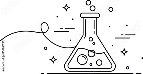 Chemistry Laboratory Flask Outline Icon with Bubbles and Sparkles Minimal Line Art Illustration for Science Education and Medical Research Design
