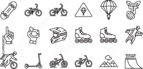 Extreme Sports and Stunt Icon Set with Skateboard, BMX Bike, Parachute and Wingsuit Flying Symbols