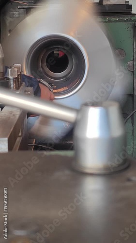 skilled worker grinding a large steel mold on a lathe at vertical composition video with sound
