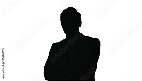 Silhouette of a confident businessman with arms crossed against a stark white background indicates.