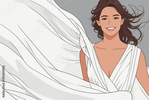 Young woman smiles while wearing a flowing white dress against a grey background during a sunny day